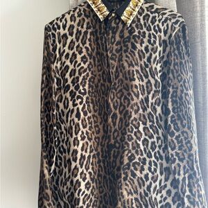 Versace Leopard Print Shirt with Gold Embellished Collar